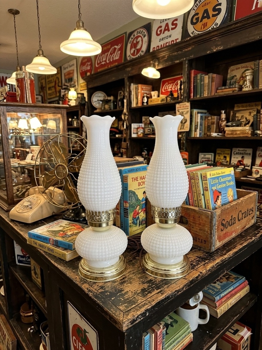 White Hobnail Glass Table Lamp Pair with Gold Accents